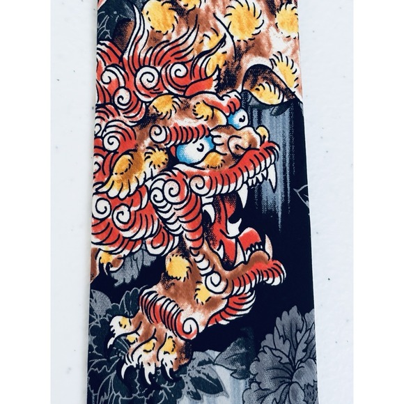 Ed Hardy by Christian Audigier Black Gray Orange Chinese Dragon 100% Silk Tie - Picture 7 of 10